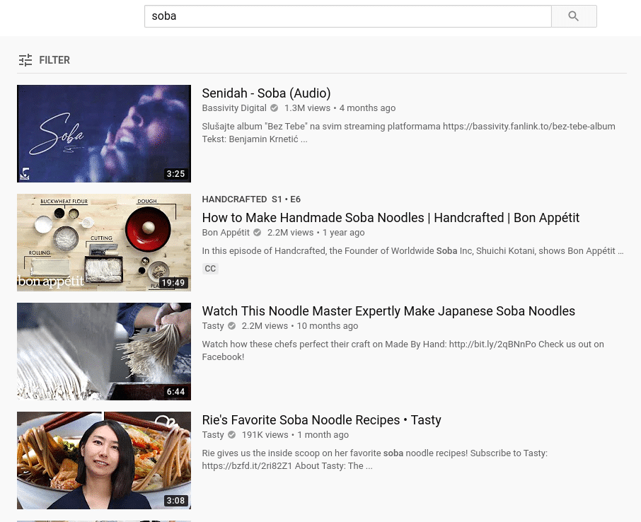 YouTube keywords for soba