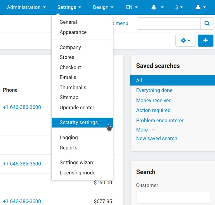 Security Settings in CS-Cart admin panel