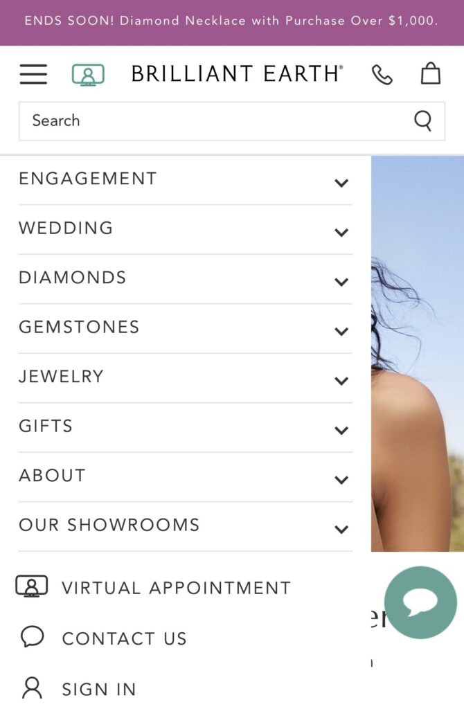 You can group menu sections not by product type (rings, earrings, etc), but by topic: promotions, engagement or wedding, jewelry, watches, gifts, collections and brands. This division is more appropriate when the user is looking for something specific (wedding rings, watches, or a specific brand). You can leave a large "jewelry" section with all products, where the user can select a category, brand or collection from a drop-down menu.