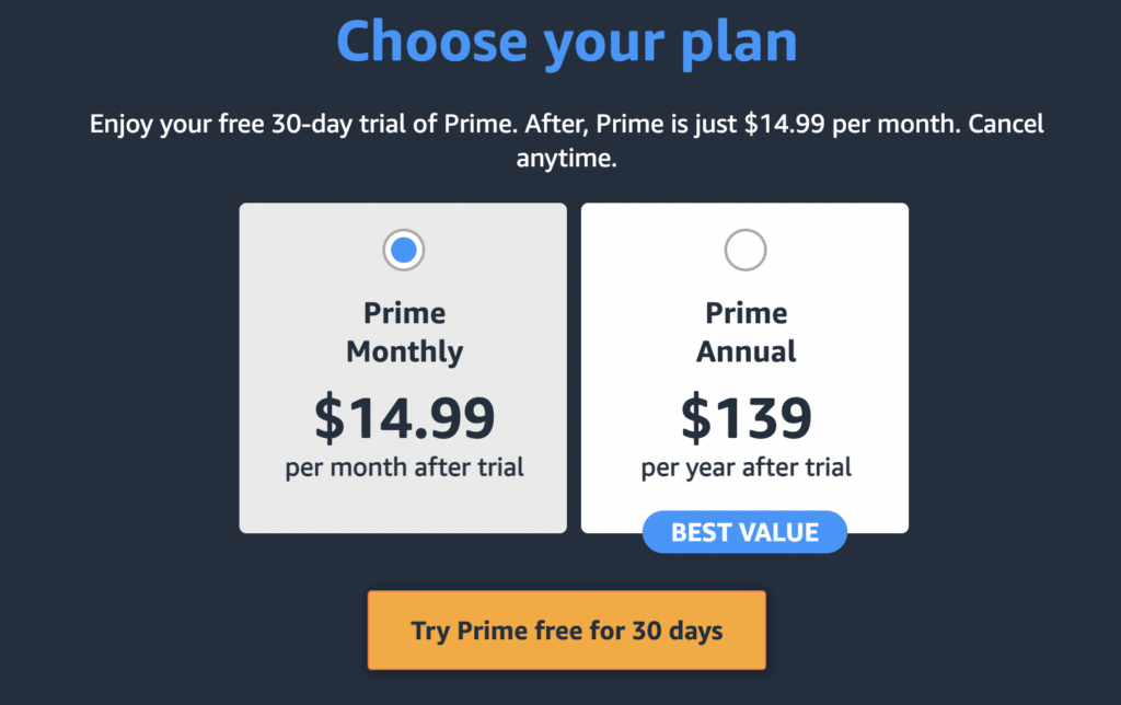 4. Subscriptions. Amazon Prime — the paid service, providing additional benefits and giving access to streaming platforms, Amazon Music and Reading. It generates revenue using the subscription model. The standard plan is $14.99/per month. 