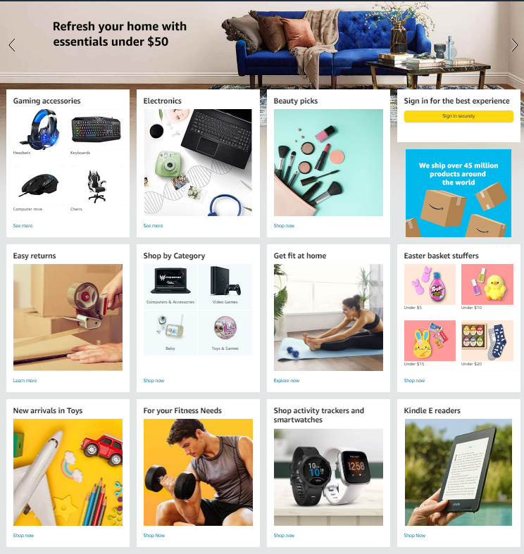 We’d like to highlight Amazon’s vibrant design which is customer-centric. Entering the home page of the platform you can see many offers that are categorized enabling convenient navigation. 