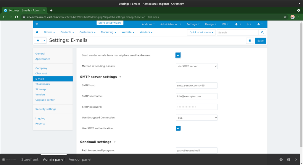 Open Email section in Settings (Setting>Email). Enter the following data to the SMTP server settings:
