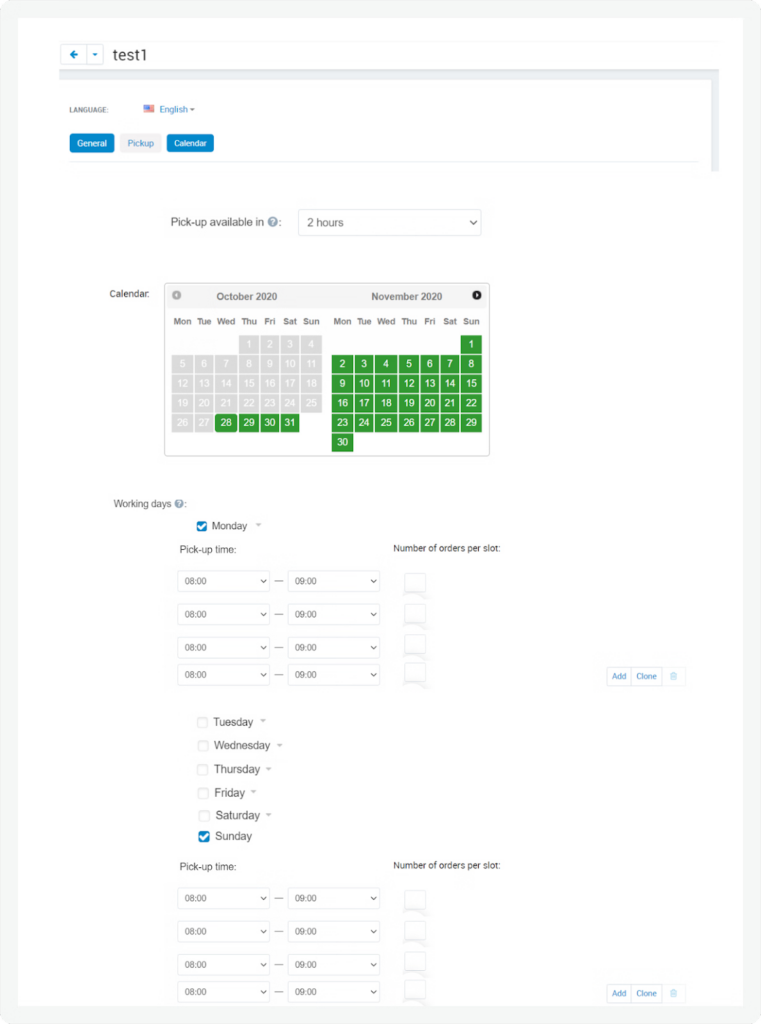 Vendors of the Choplocal marketplace needed to offer time slots for their customers to pick up their orders. The pickup calendar should allow specifying how many orders vendors could successfully fulfill in that time slot.  Our team developed a handy pickup calendar (including date and hours) that appears at the checkout step to allow customers choosing their suitable delivery slots. 